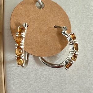 Avon Silver Tone Citrine-Like Stone Hoop Earrings